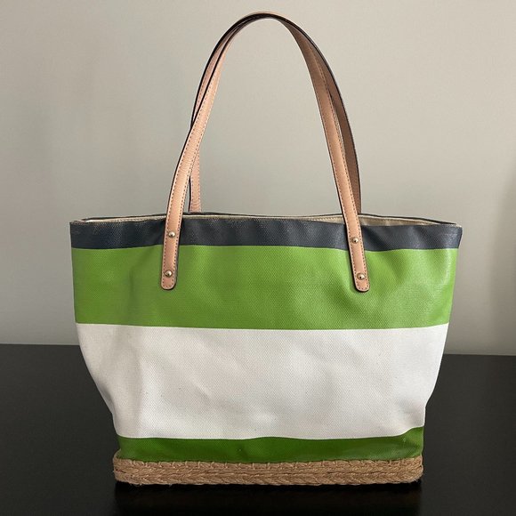 Kate Spade Tote with Straw Bottom, Navy, Green, White - HARD TO FIND - Picture 2 of 7
